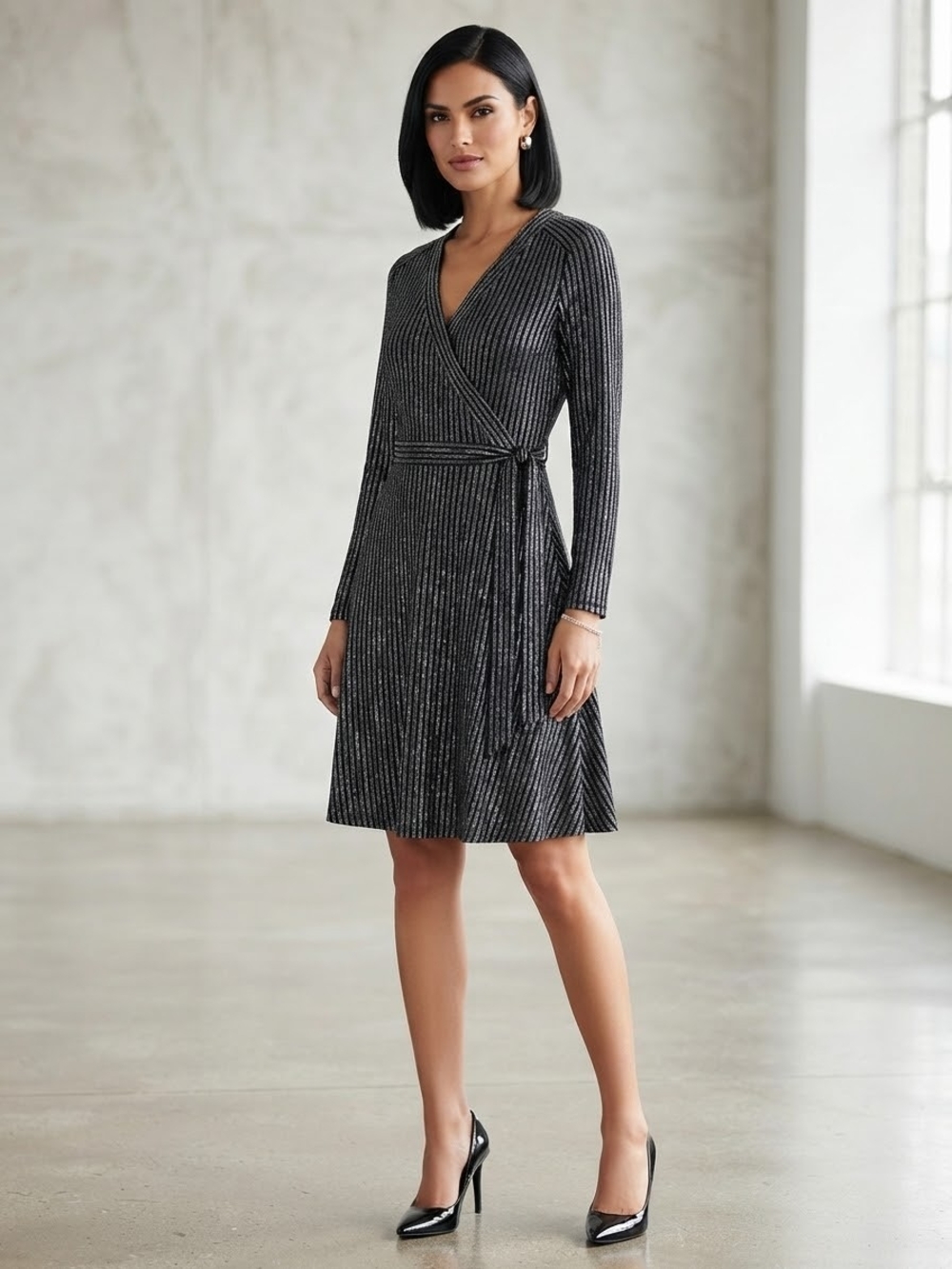 BCBGMaxAzria Black and Silver Metallic Wrap Dress Size Med